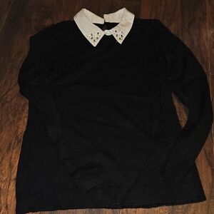 White House Black Market Black Shirt with Embellished Cream Collar